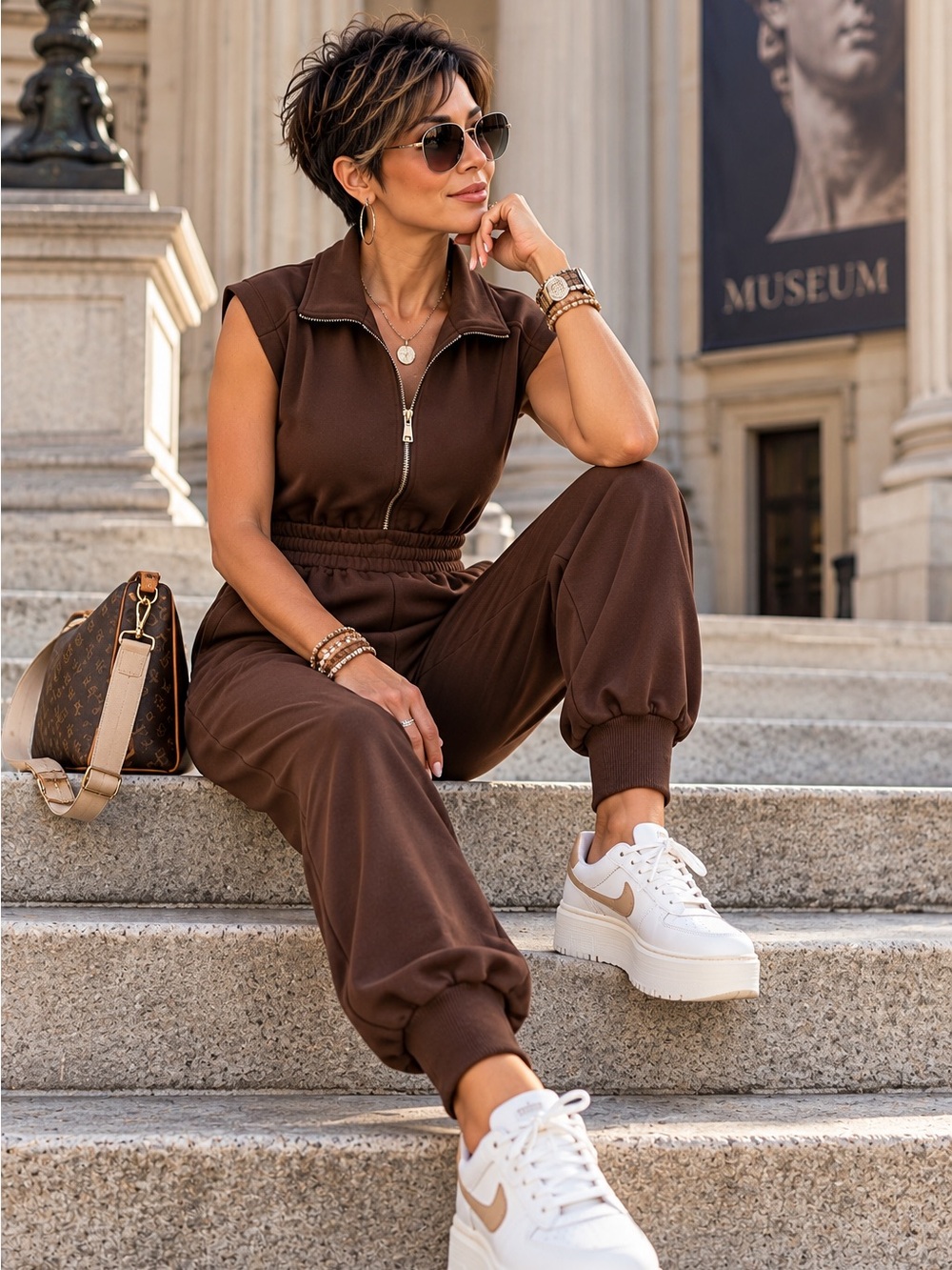 ELAN - Sleeveless Brown Half Zip-Front Jumpsuit with Elastic Waist - Small